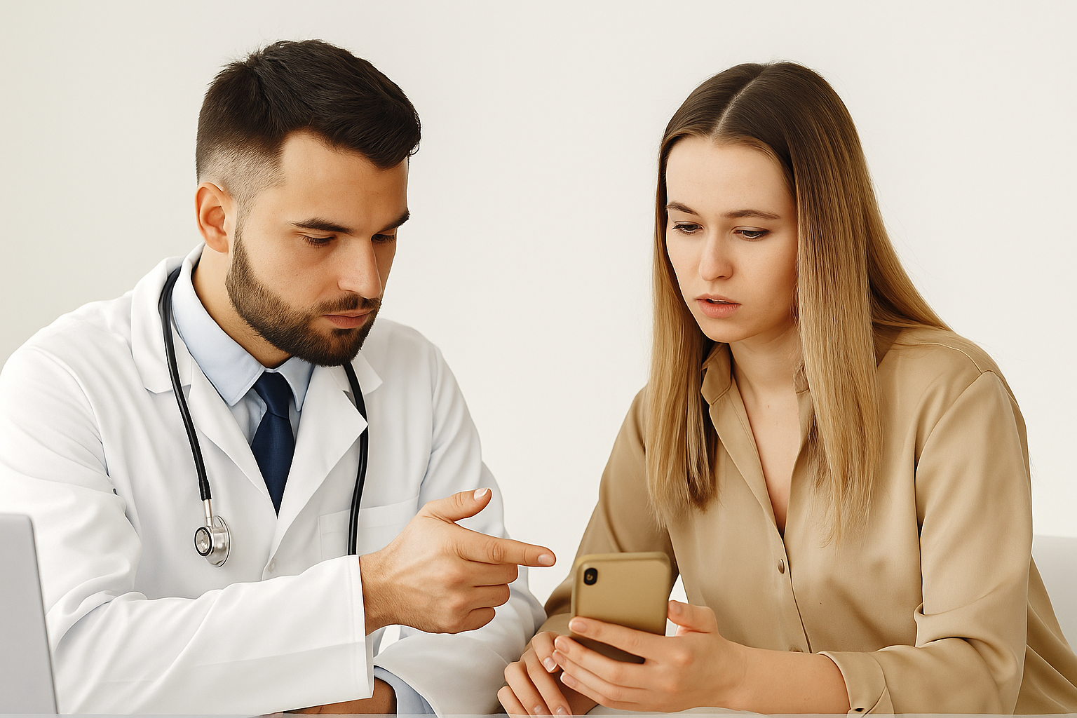 Médecin et assistante analysant un smartphone